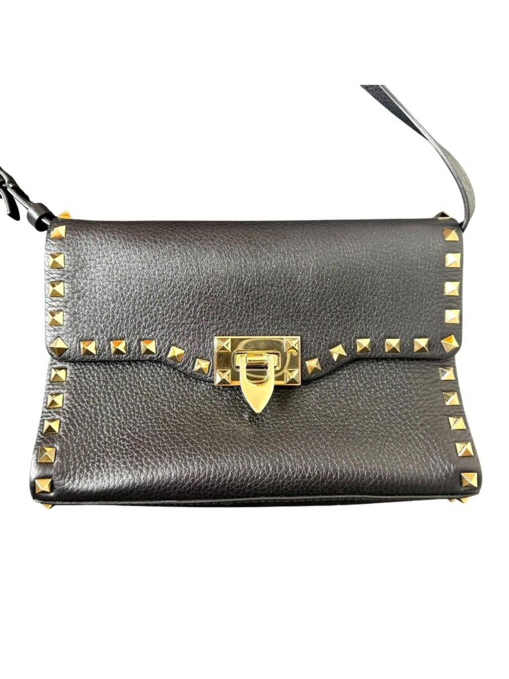 Valentino Garavani Black Rockstud Medium Pebbled Leather Shoulder Bag